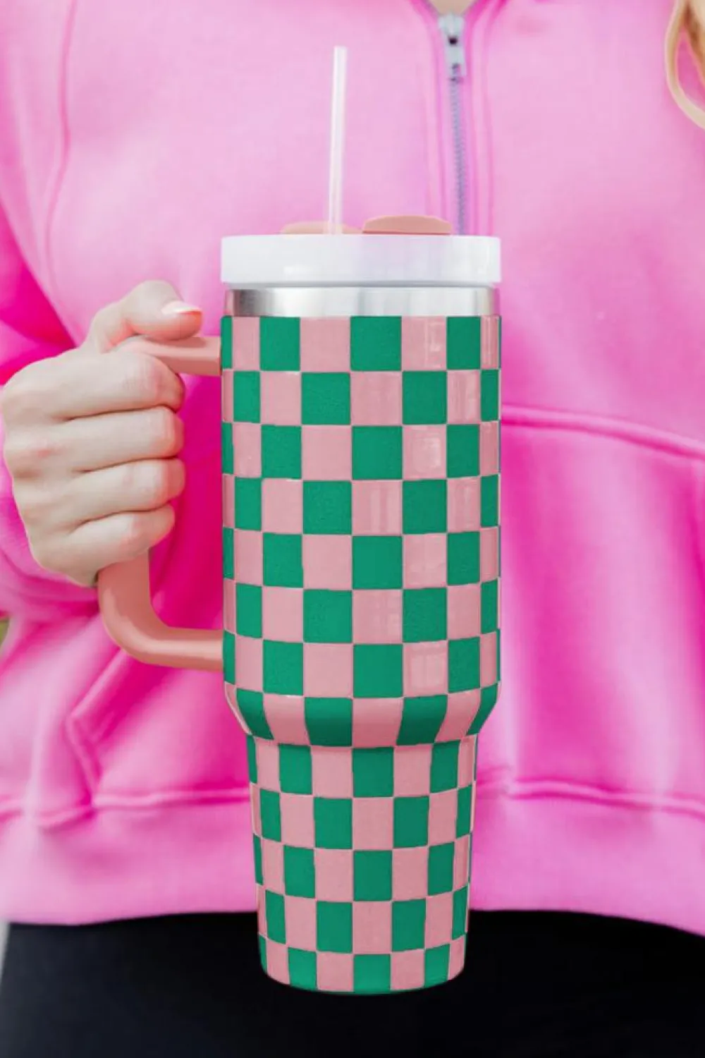 Fashion Dear-Lover Checkered Print Handle Large Vacuum Cup 40OZ Blackish Green