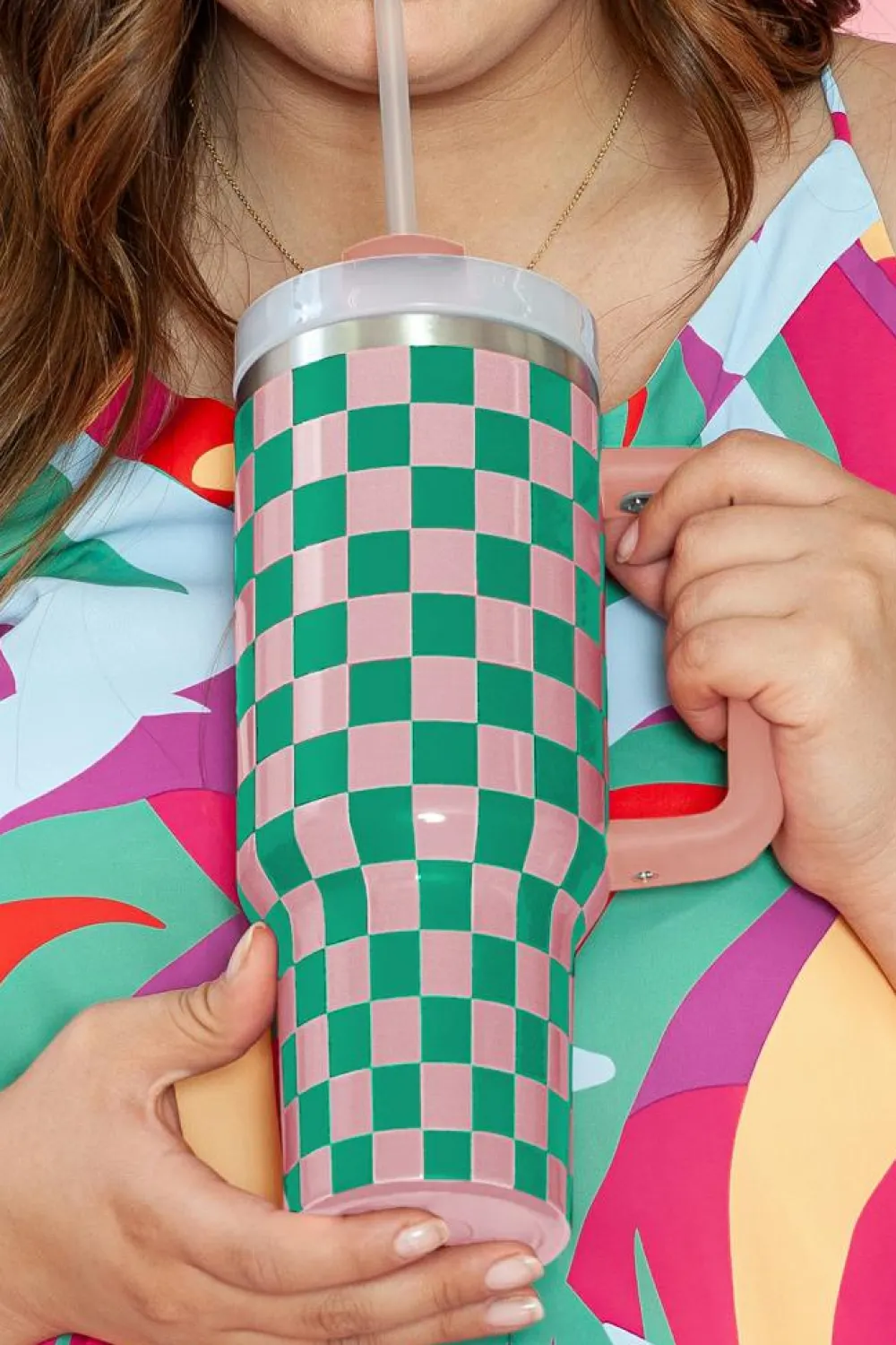 Fashion Dear-Lover Checkered Print Handle Large Vacuum Cup 40OZ Blackish Green