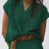 New Dear-Lover Chest Pocket V Neck Ribbed Cap Sleeve Sweater Blackish Green