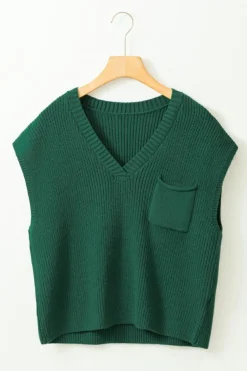 New Dear-Lover Chest Pocket V Neck Ribbed Cap Sleeve Sweater Blackish Green