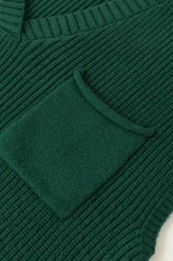 New Dear-Lover Chest Pocket V Neck Ribbed Cap Sleeve Sweater Blackish Green