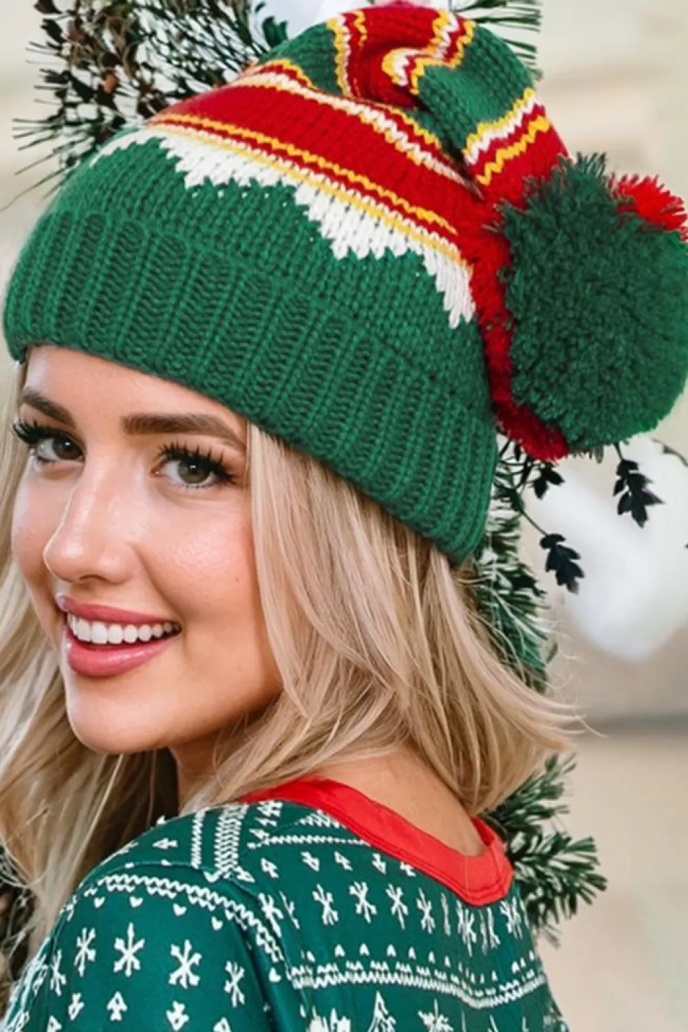 Online Dear-Lover Christmas Color Block Pom Pom Knitted Hat Blackish Green