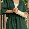 Best Dear-Lover Collared Half Zip French Terry Knit Drawstring Casual Romper Blackish Green