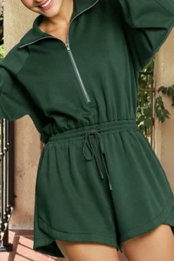 Best Dear-Lover Collared Half Zip French Terry Knit Drawstring Casual Romper Blackish Green