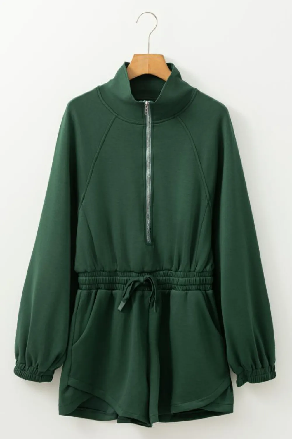 Best Dear-Lover Collared Half Zip French Terry Knit Drawstring Casual Romper Blackish Green