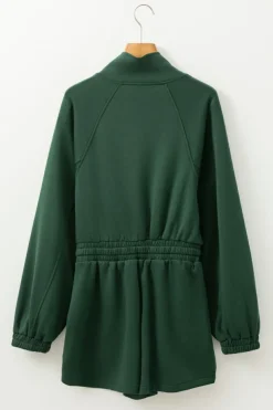 Best Dear-Lover Collared Half Zip French Terry Knit Drawstring Casual Romper Blackish Green