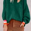 New Dear-Lover Colorblock Striped Trim Drop Shoulder Sweater Blackish Green