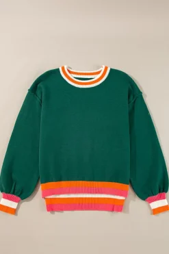 New Dear-Lover Colorblock Striped Trim Drop Shoulder Sweater Blackish Green