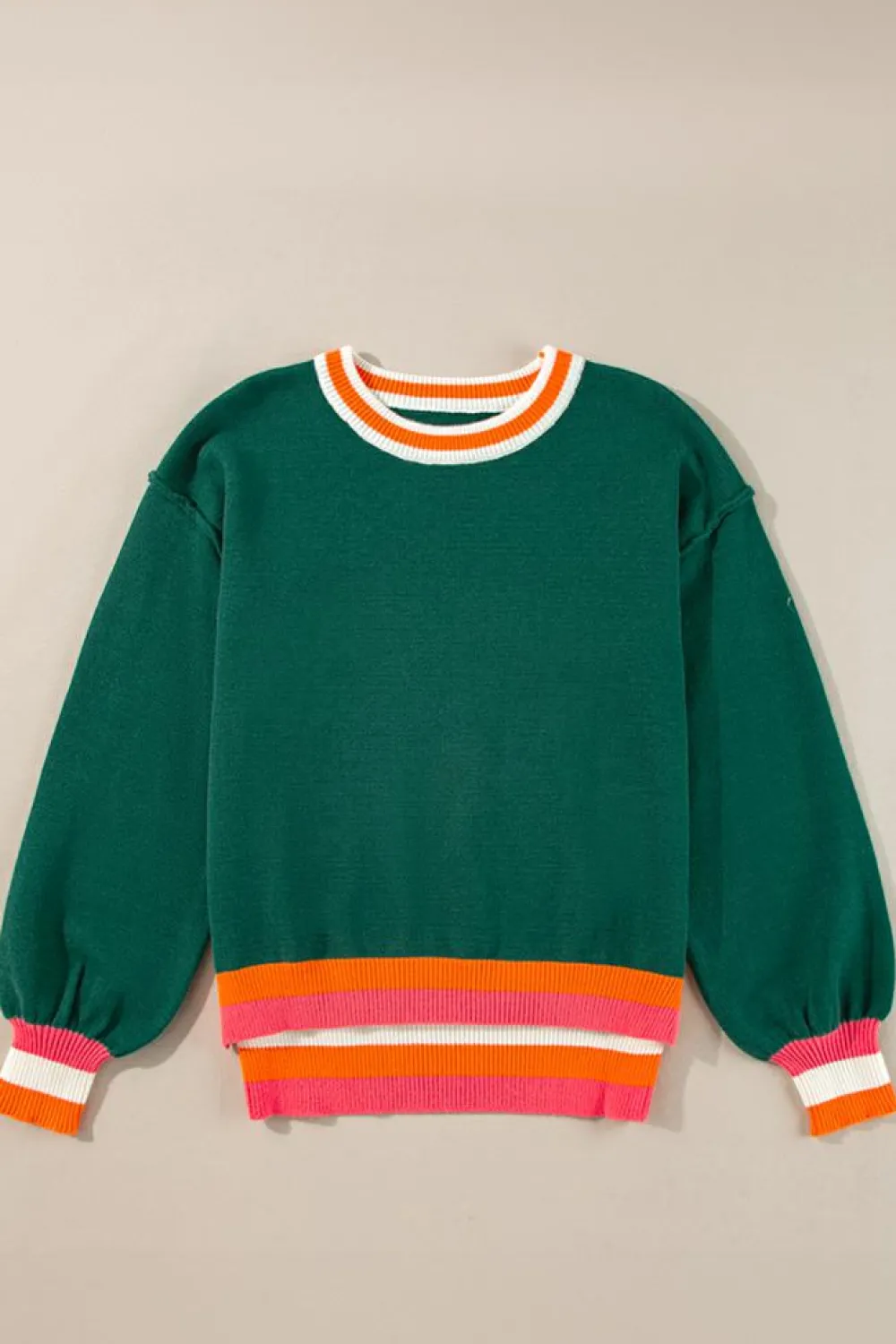 New Dear-Lover Colorblock Striped Trim Drop Shoulder Sweater Blackish Green