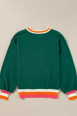New Dear-Lover Colorblock Striped Trim Drop Shoulder Sweater Blackish Green