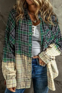 Discount Dear-Lover Contrast Plaid Patchwork Chest Pocket Button up Shacket Blackish Green