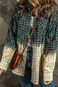 Discount Dear-Lover Contrast Plaid Patchwork Chest Pocket Button up Shacket Blackish Green