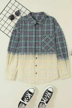 Discount Dear-Lover Contrast Plaid Patchwork Chest Pocket Button up Shacket Blackish Green