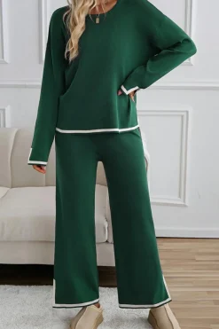 Online Dear-Lover Contrast Trim Split Cuffs Long 2pcs Sweater Outfit Loungewear Blackish Green