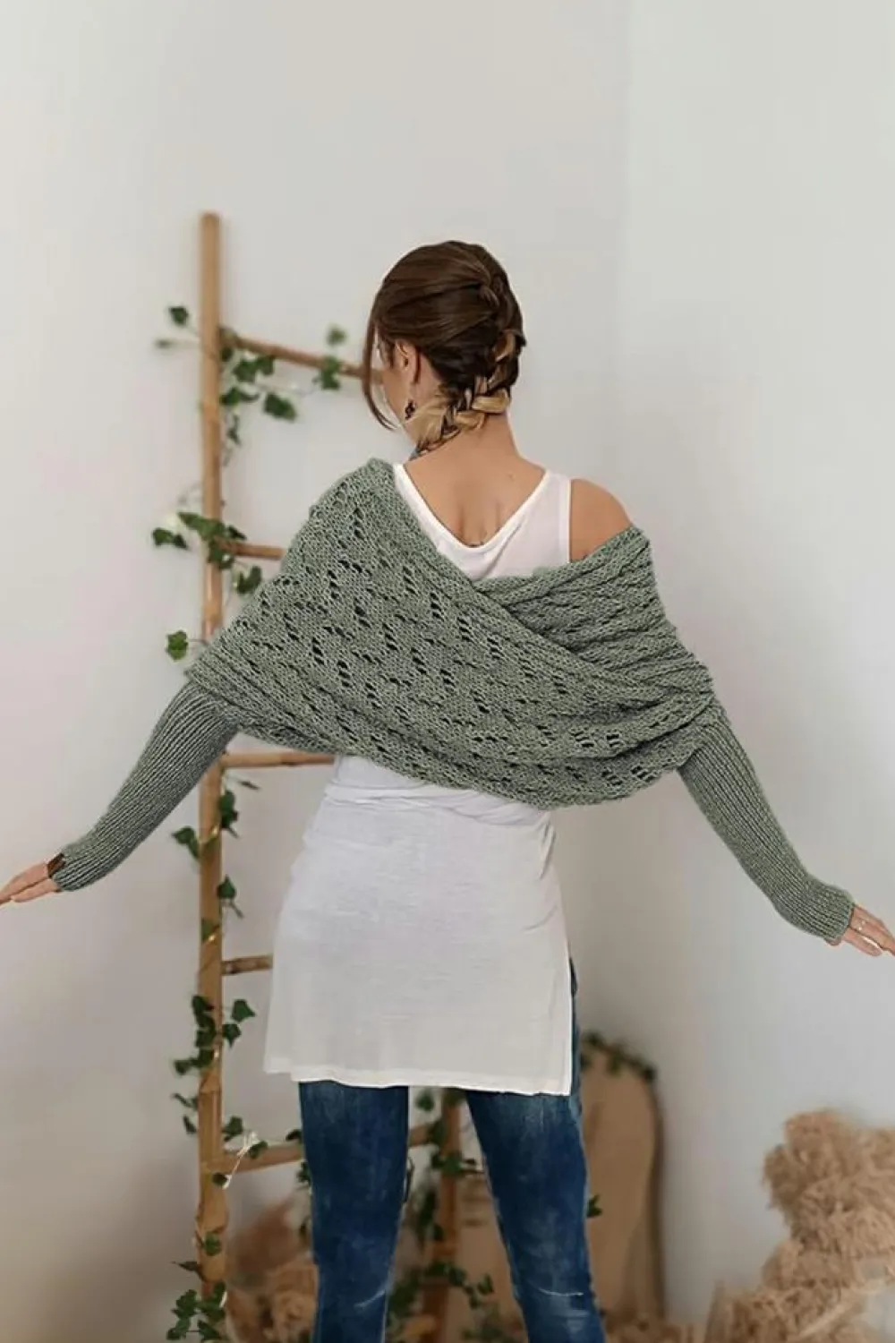 Outlet Dear-Lover Cross Detail Hollowed Knit Scarf with Sleeves Blackish Green