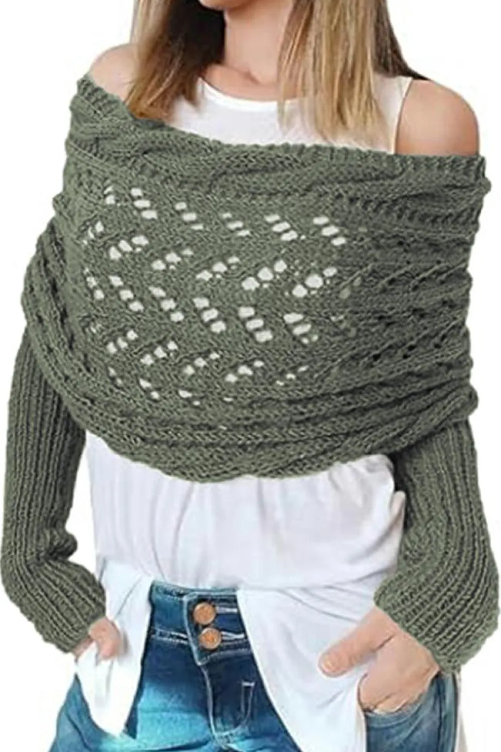 Outlet Dear-Lover Cross Detail Hollowed Knit Scarf with Sleeves Blackish Green