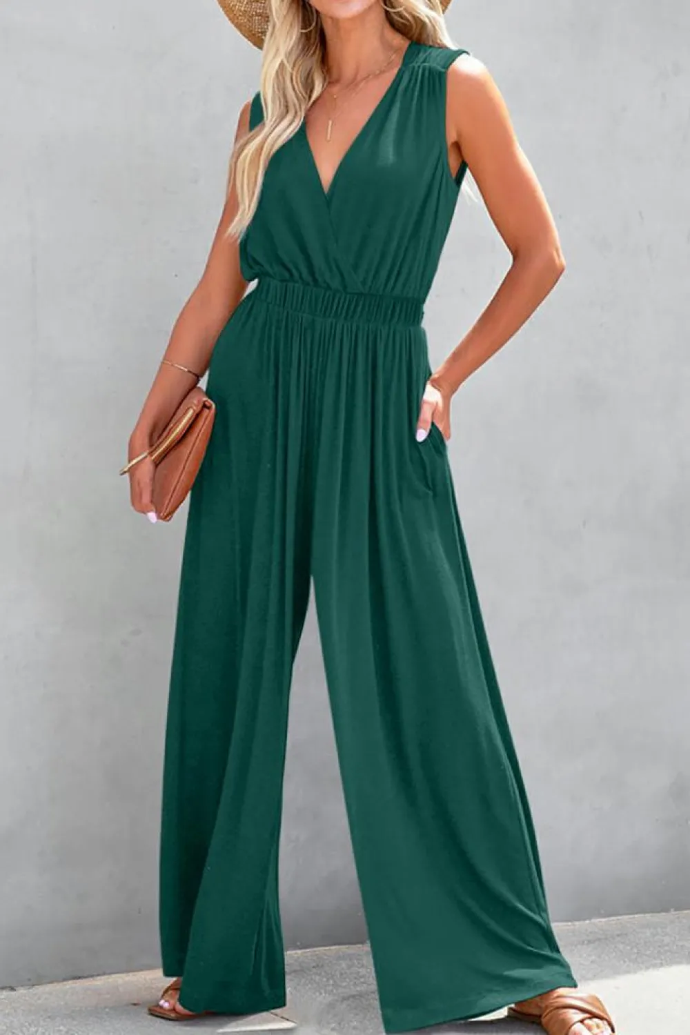 Discount Dear-Lover Deep V Pleated Crisscross Wide Leg Backless Jumpsuit Blackish Green