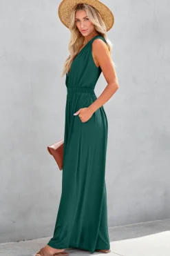 Discount Dear-Lover Deep V Pleated Crisscross Wide Leg Backless Jumpsuit Blackish Green