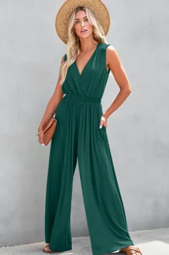 Discount Dear-Lover Deep V Pleated Crisscross Wide Leg Backless Jumpsuit Blackish Green