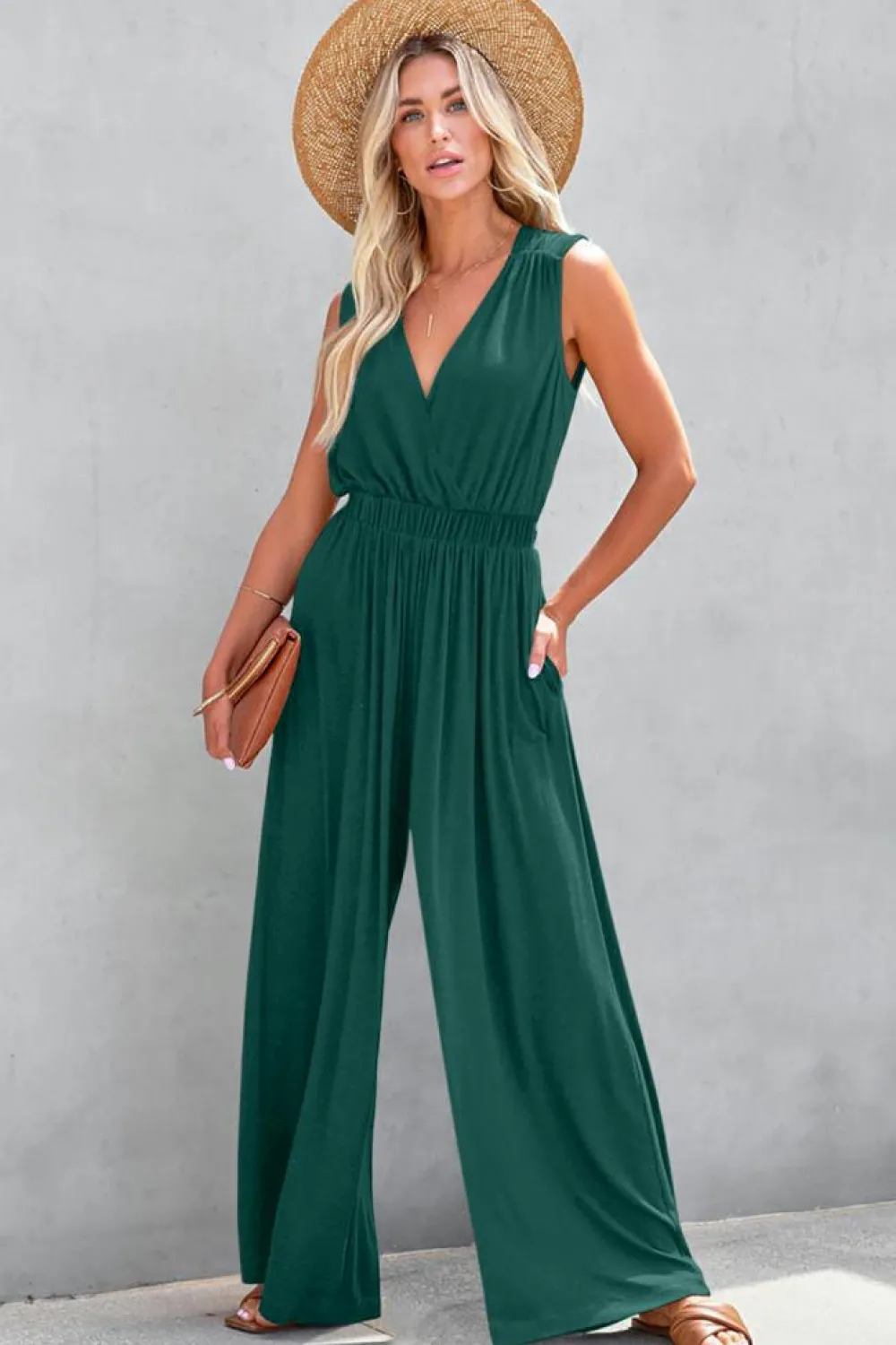 Discount Dear-Lover Deep V Pleated Crisscross Wide Leg Backless Jumpsuit Blackish Green