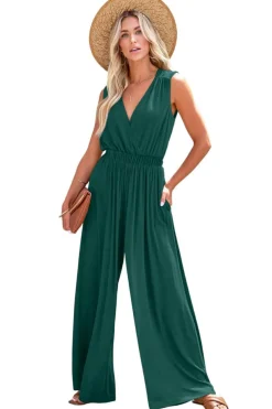 Discount Dear-Lover Deep V Pleated Crisscross Wide Leg Backless Jumpsuit Blackish Green