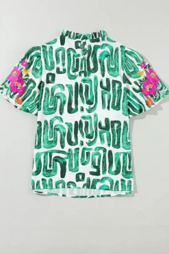 Discount Dear-Lover Embroidered Puff Sleeve Frilled Neck Printed Top Blackish Green