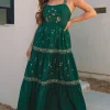Best Dear-Lover Floral Smocked Back Tied Straps Tiered Maxi Dress Blackish Green
