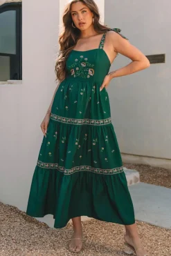 Best Dear-Lover Floral Smocked Back Tied Straps Tiered Maxi Dress Blackish Green