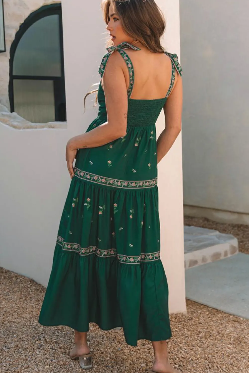 Best Dear-Lover Floral Smocked Back Tied Straps Tiered Maxi Dress Blackish Green