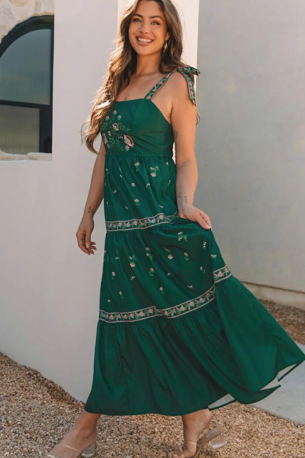 Best Dear-Lover Floral Smocked Back Tied Straps Tiered Maxi Dress Blackish Green