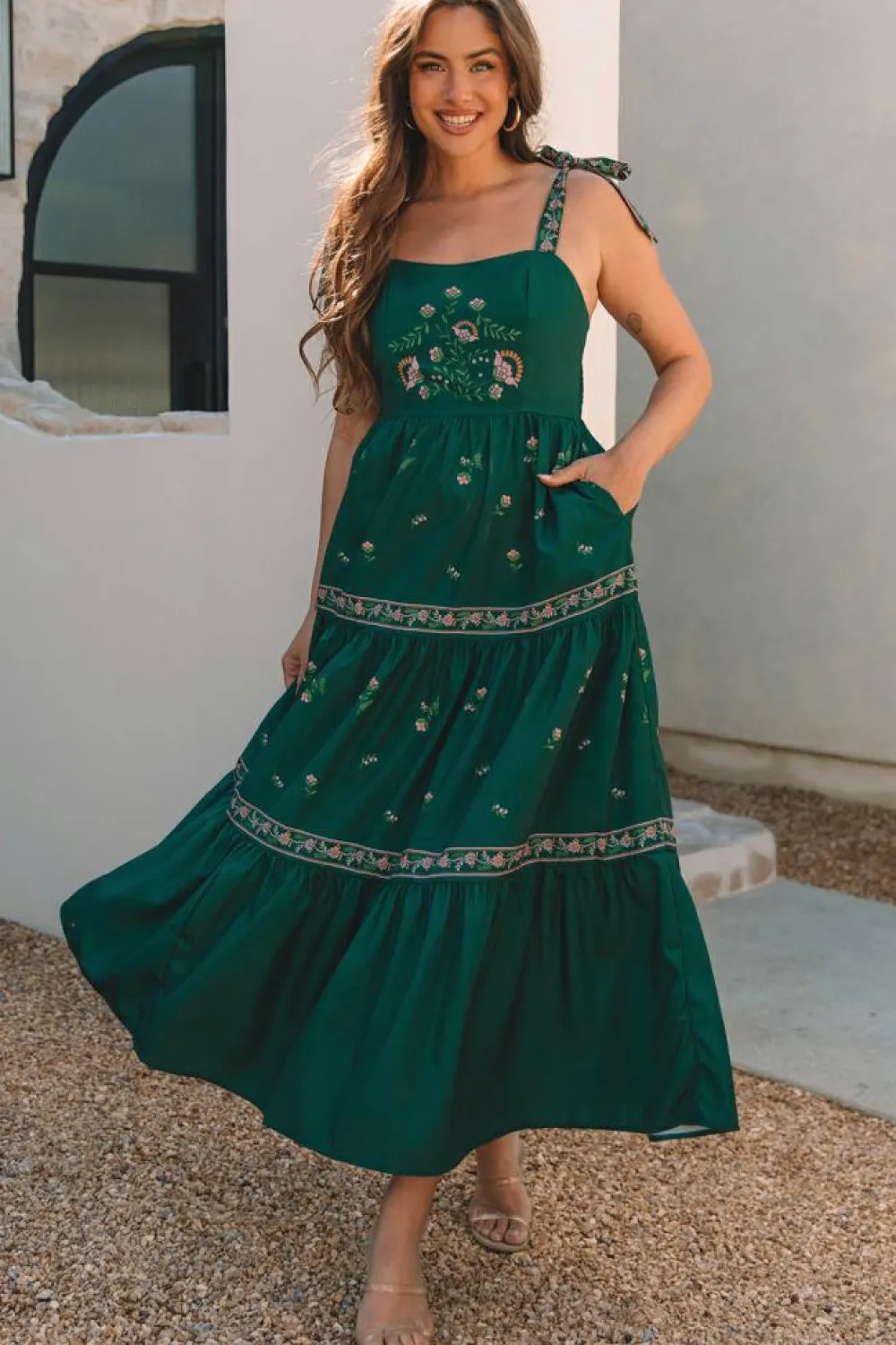 Best Dear-Lover Floral Smocked Back Tied Straps Tiered Maxi Dress Blackish Green