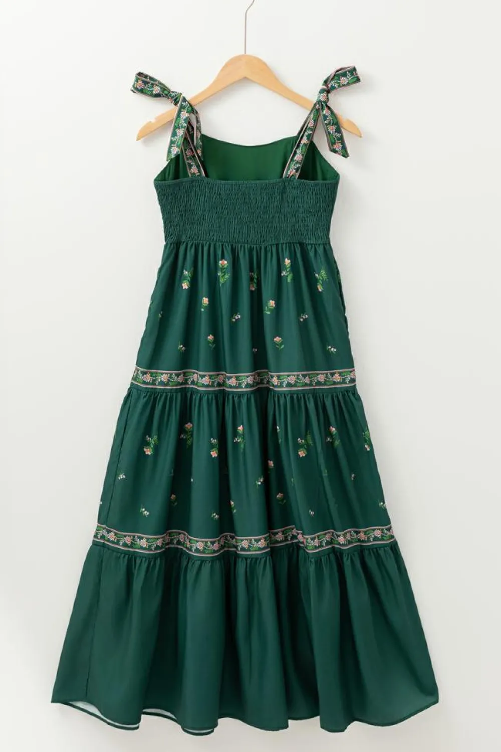Best Dear-Lover Floral Smocked Back Tied Straps Tiered Maxi Dress Blackish Green
