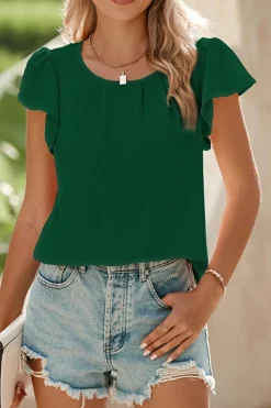 Fashion Dear-Lover Flounce Sleeve Pleated Textured Blouse Blackish Green