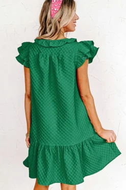 Outlet Dear-Lover Flutter Sleeve Ruffled Textured Shift Dress Blackish Green