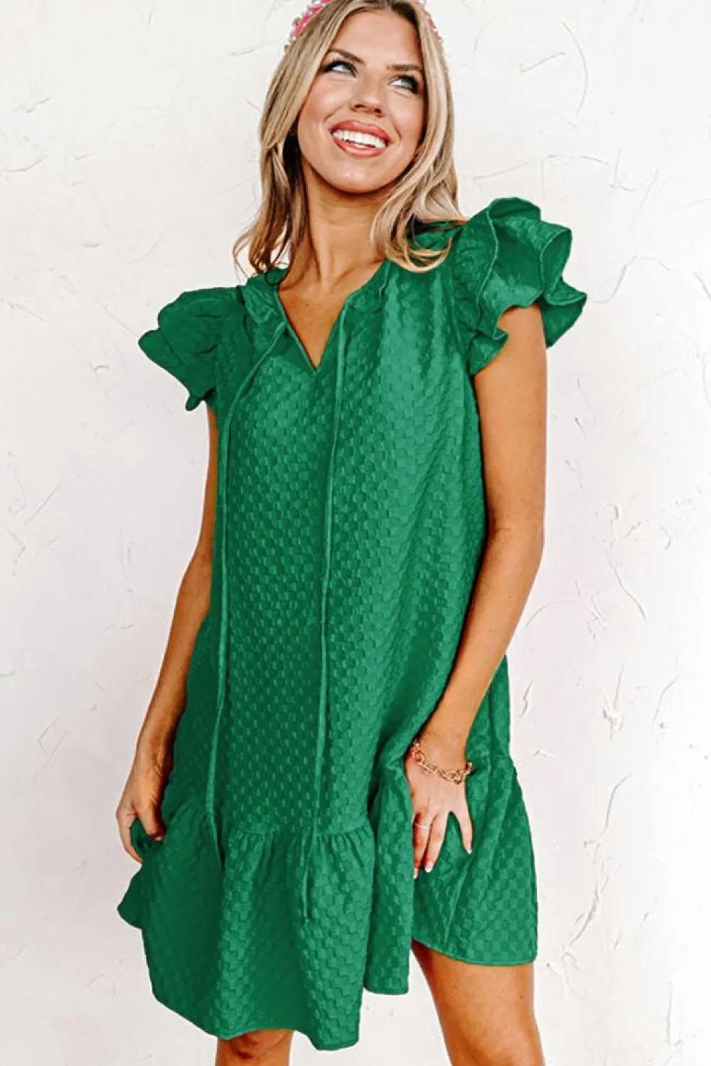 Outlet Dear-Lover Flutter Sleeve Ruffled Textured Shift Dress Blackish Green