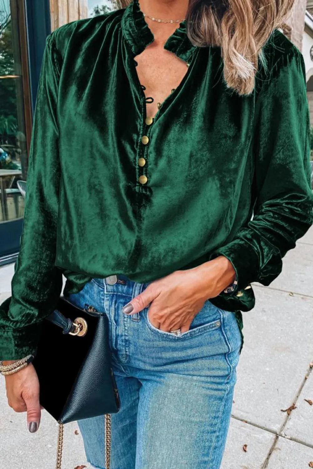 Fashion Dear-Lover Frilled Neck Buttoned Front Velvet Top Blackish Green