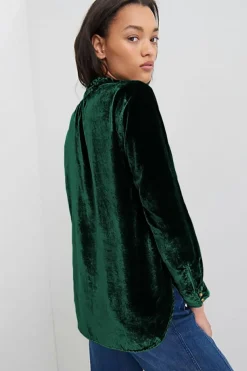 Fashion Dear-Lover Frilled Neck Buttoned Front Velvet Top Blackish Green