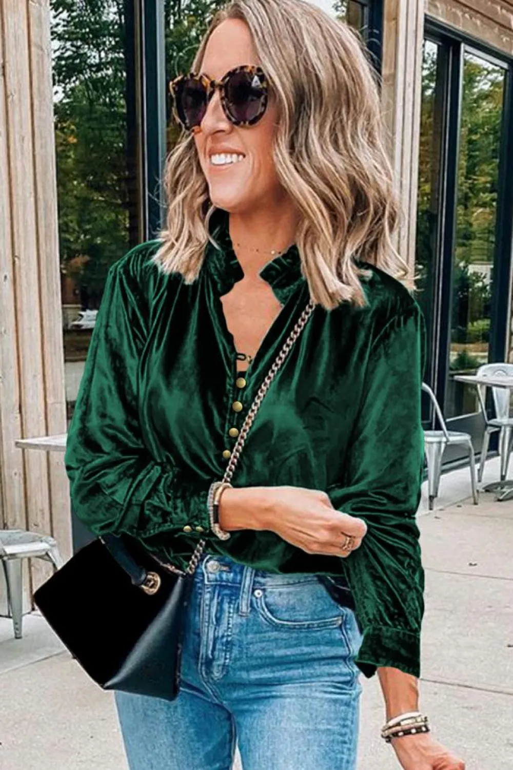 Fashion Dear-Lover Frilled Neck Buttoned Front Velvet Top Blackish Green