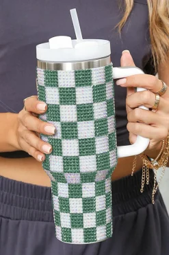 Discount Dear-Lover Full Rhinestone Checkerboard Handled Tumbler 40oz Blackish Green