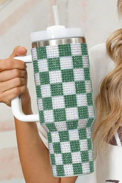 Discount Dear-Lover Full Rhinestone Checkerboard Handled Tumbler 40oz Blackish Green