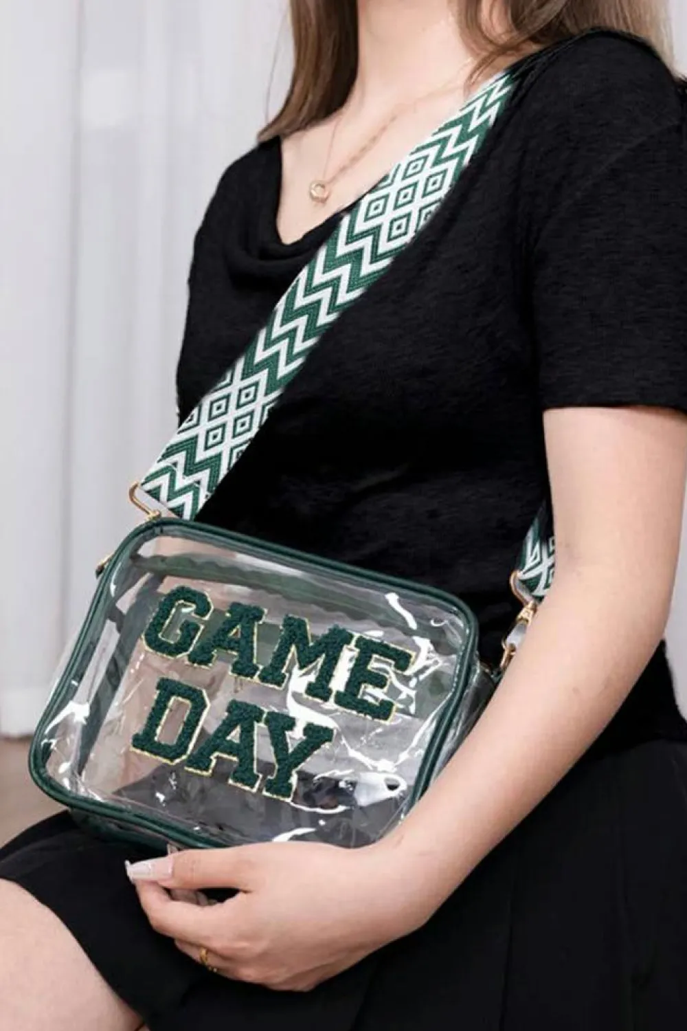 Sale Dear-Lover GAME DAY Chenille Embroidered Clear PVC Shoulder Bag Blackish Green