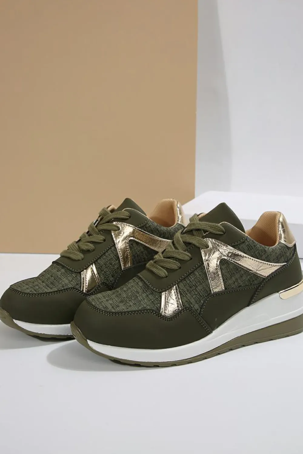 Outlet Dear-Lover Glitter Patched Lace-up Wedge Sneakers Blackish Green