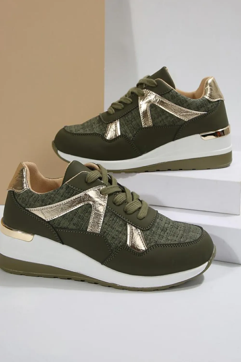 Outlet Dear-Lover Glitter Patched Lace-up Wedge Sneakers Blackish Green