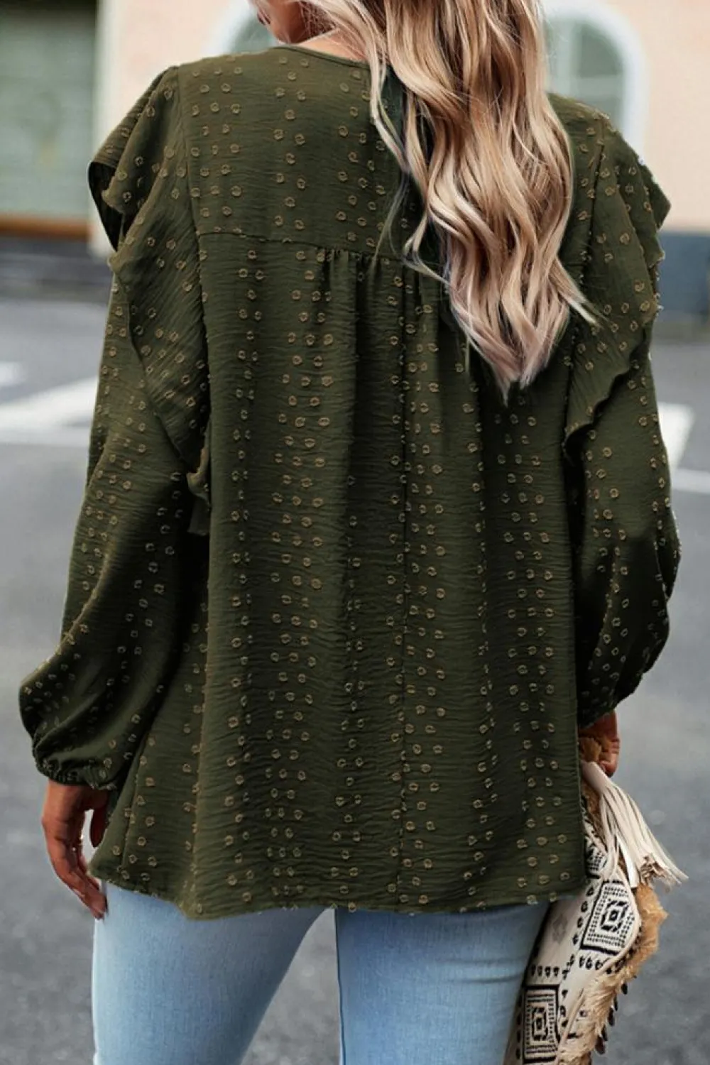 Best Dear-Lover Lace Eyelet Ruffle Shoulder Long Sleeve Blouse Blackish Green