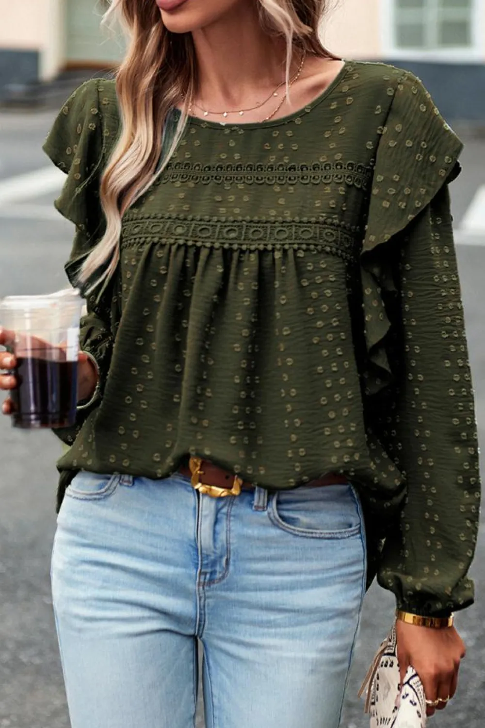 Best Dear-Lover Lace Eyelet Ruffle Shoulder Long Sleeve Blouse Blackish Green