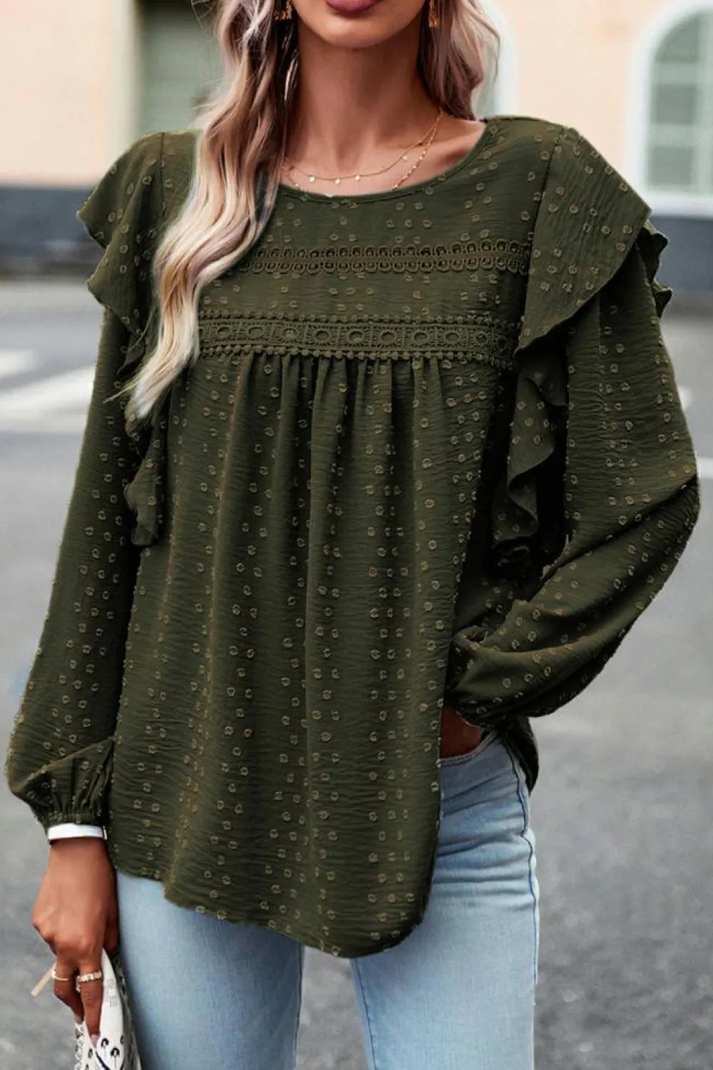 Best Dear-Lover Lace Eyelet Ruffle Shoulder Long Sleeve Blouse Blackish Green