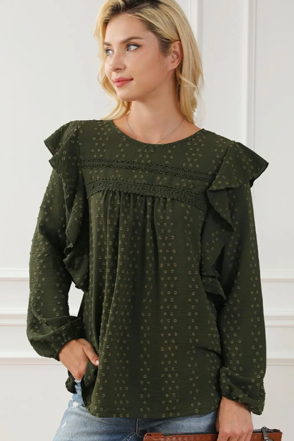 Best Dear-Lover Lace Eyelet Ruffle Shoulder Long Sleeve Blouse Blackish Green