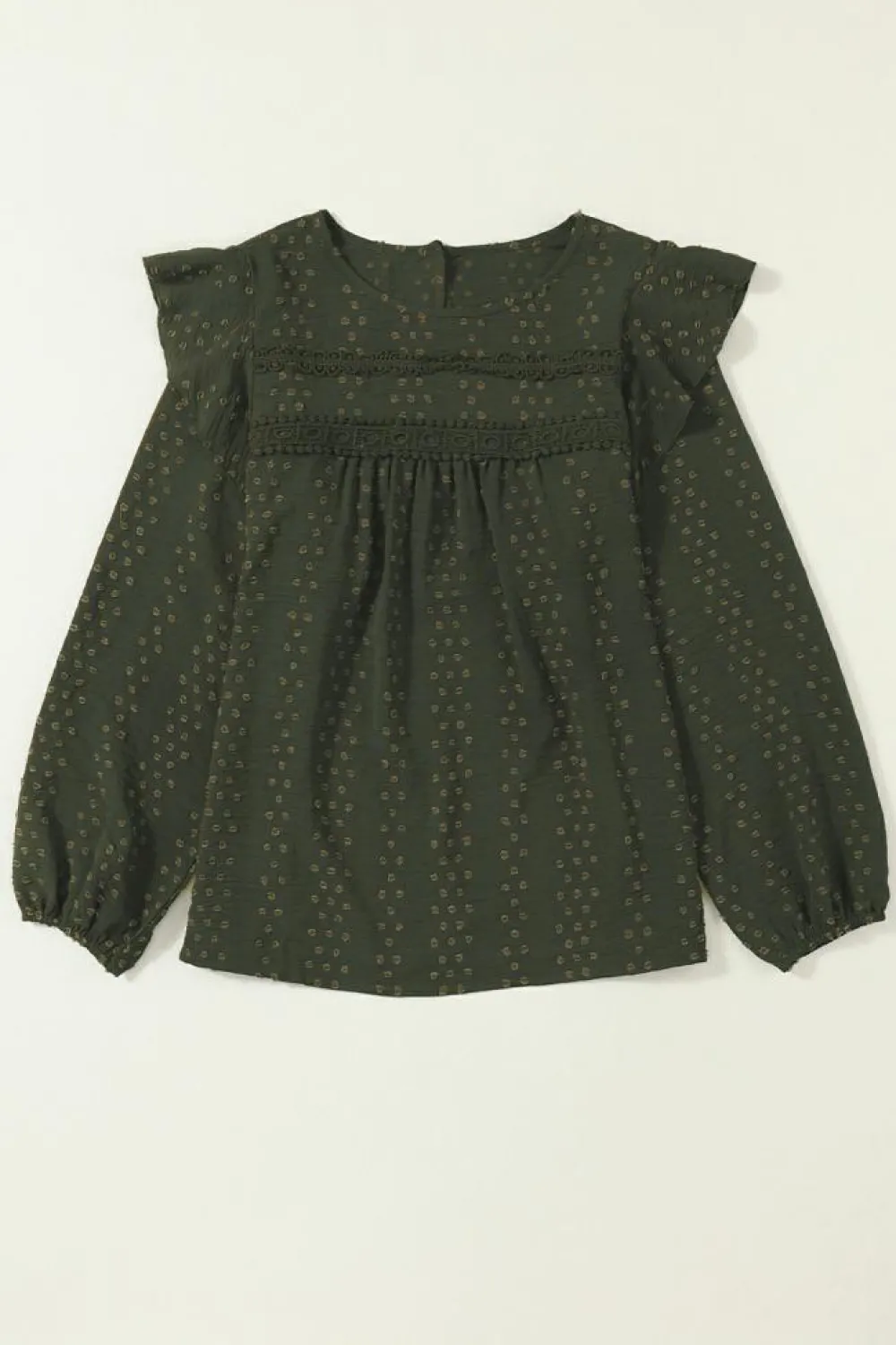 Best Dear-Lover Lace Eyelet Ruffle Shoulder Long Sleeve Blouse Blackish Green