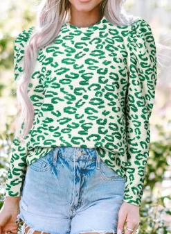 Best Dear-Lover Leopard Print Mock Neck Puff Sleeve Top Blackish Green
