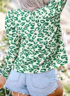 Best Dear-Lover Leopard Print Mock Neck Puff Sleeve Top Blackish Green